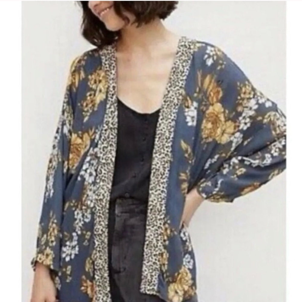 Andersen & Lauth (for Anthropologie) Floral Kimono with Leopard Trim - One Size